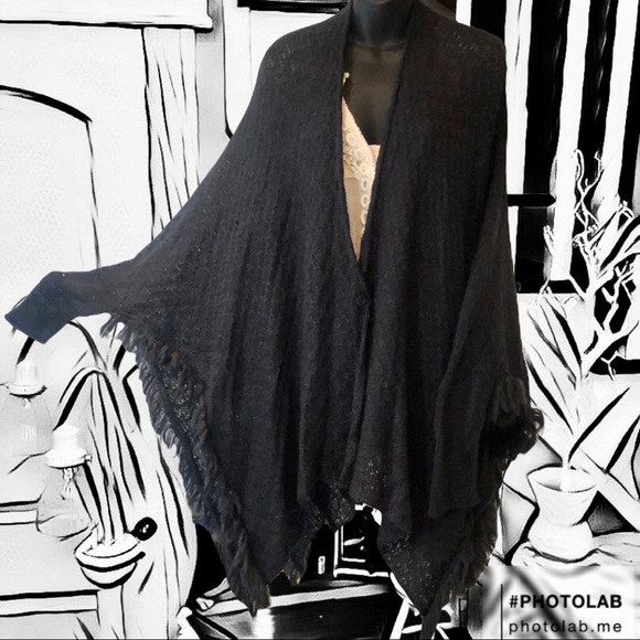 Wooden Ships Sweaters - So light -Wooden Ships Navy Lace Patterned Soft Poncho, Fringe, Sleeves, Sweater